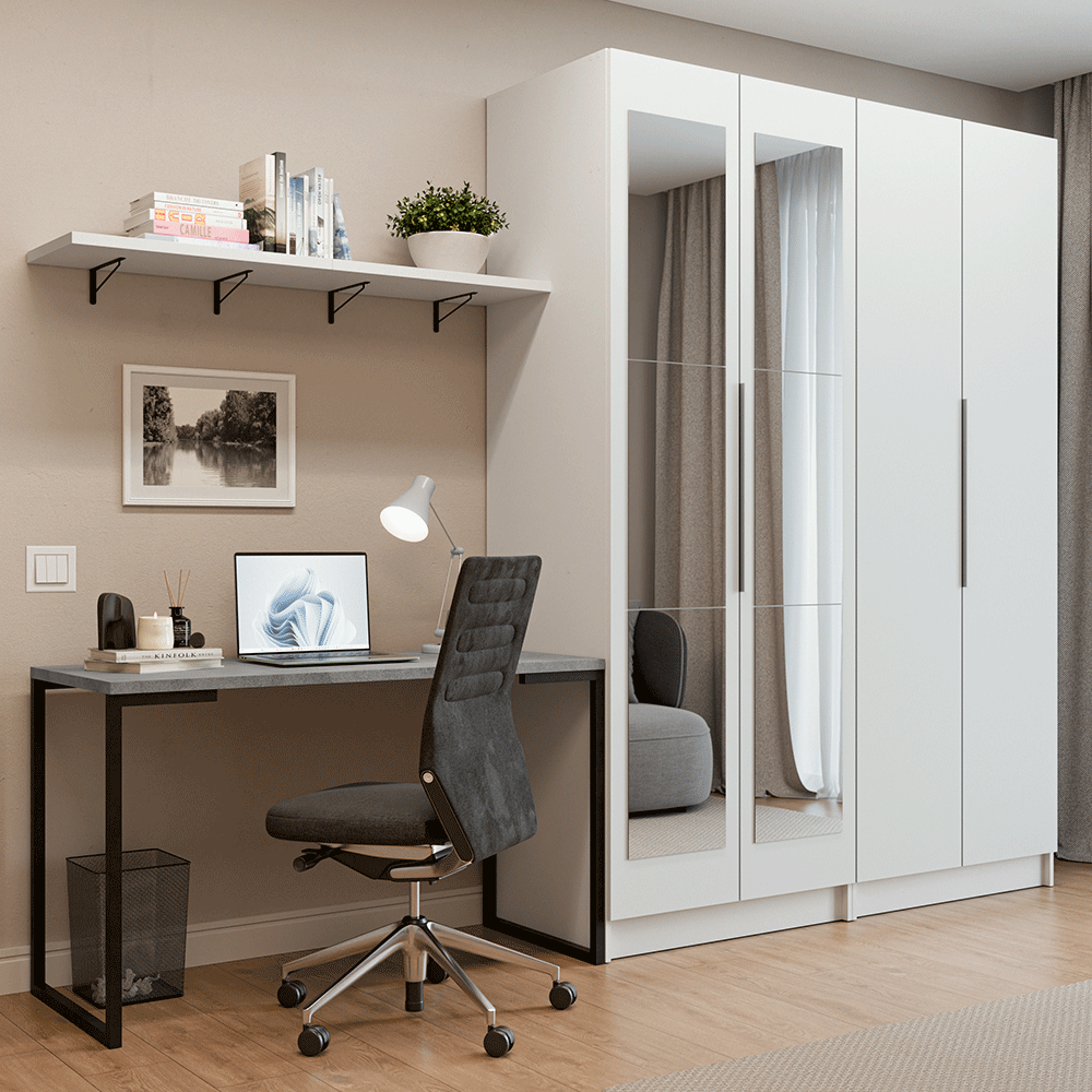 Conjunto Home Office 2 Placard con Espejos Neo 1 Escritorio y 2 Repisas Blanco Madesa