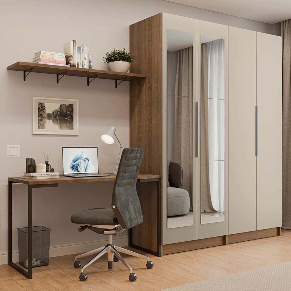 Conjunto Home Office 2 Armarios Neo con Espejos 1 Escritorio 2 Repisas Marrón/Crema Madesa