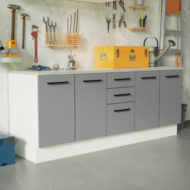 Kit con 2 Bajo Mesada Multiuso 200 cm 4 Puertas 3 Cajones Blanco/Gris Agata Madesa