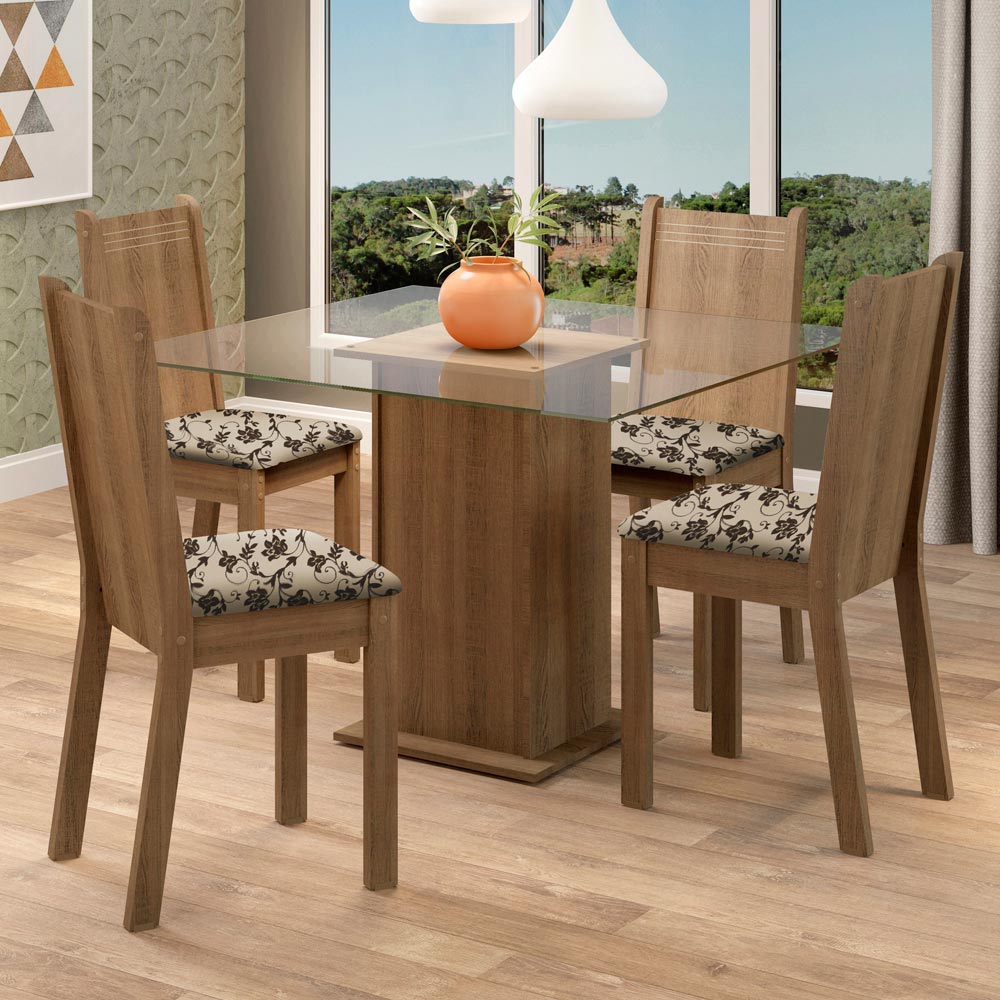 Juego de Comedor Madesa Maya Mesa Tapa de Vidrio con 4 Sillas Marrón/Beige Marrón
