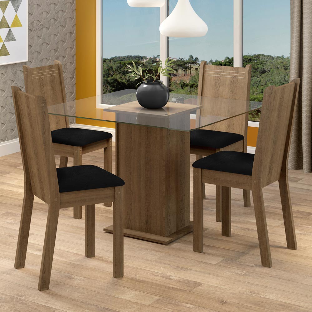 Juego de Comedor Madesa Maya Mesa Tapa de Vidrio con 4 Sillas Marrón/Sintético Negro