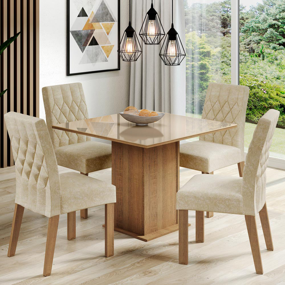 Juego de Comedor Madesa Brenda Mesa Tapa de Vidrio con 4 Sillas Marrón/Crema/Imperial