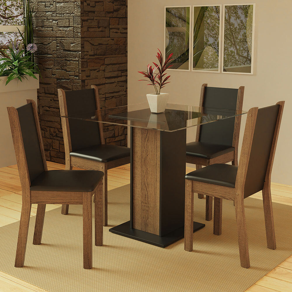 Juego de Comedor Madesa Aline Mesa Tapa de Vidrio con 4 Sillas Negro/Marrón
