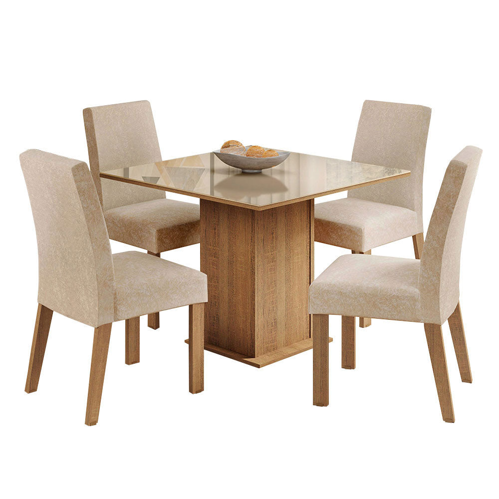Juego de Comedor Madesa Evelin Mesa con Tapa de Vidrio con 4 Sillas Marrón/Crema/Imperial