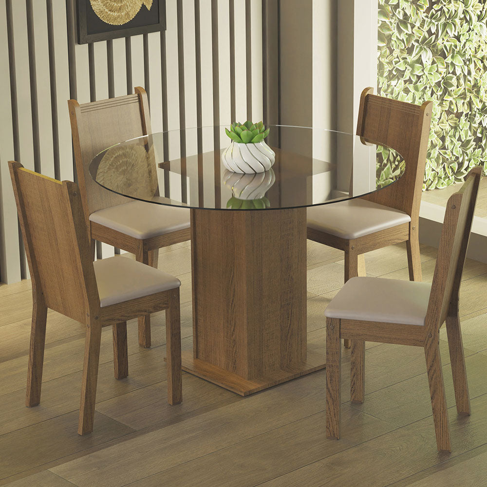 Juego de Comedor Madesa Débora Mesa Tapa de Vidrio Redondo 4 Sillas Marrón/Beige