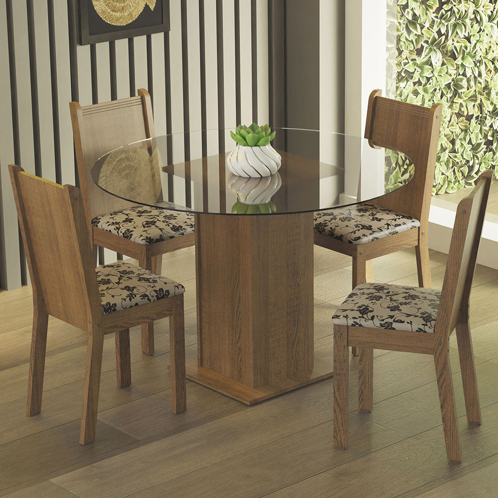 Juego de Comedor Madesa Débora Mesa Tapa de Vidrio Redondo 4 Sillas Marrón/Beige Marrón