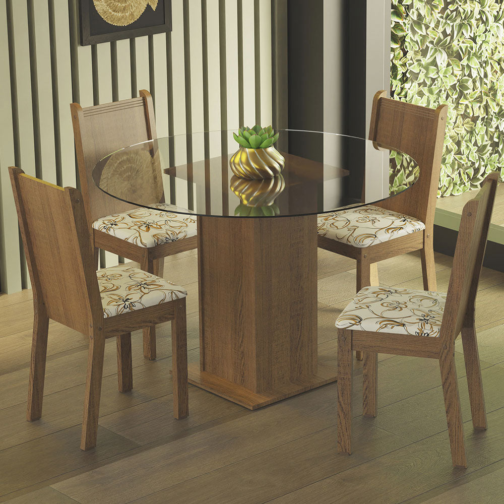 Juego de Comedor Madesa Débora Mesa Tapa de Vidrio Redondo 4 Sillas Marrón/Lírio Beige