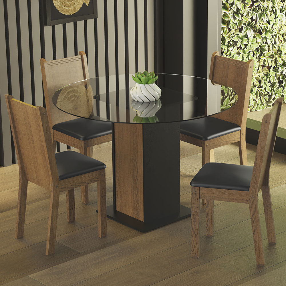 Juego de Comedor Madesa Débora Mesa Tapa de Vidrio Redondo 4 Sillas Negro/Marrón