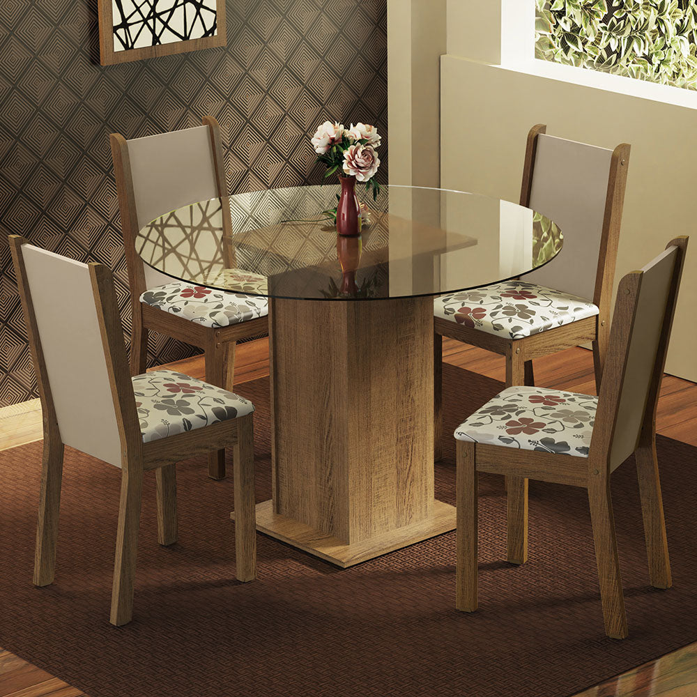Juego de Comedor Madesa Nanda Mesa Tapa Vidrio Redondo 4 Sillas Marrón/Crema/Hibiscos