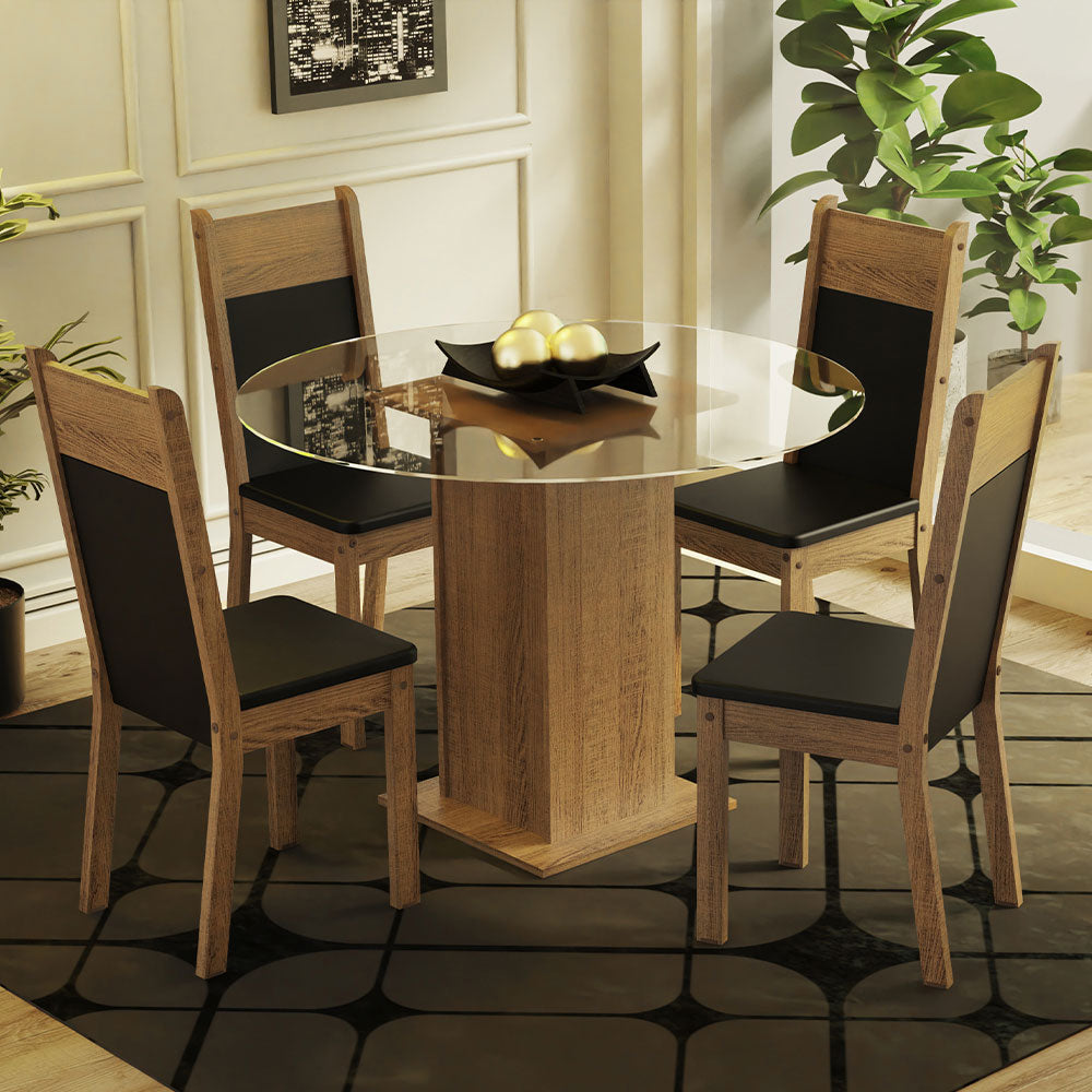 Juego de Comedor Madesa Beta Mesa Tapa de Vidrio Redondo 4 Sillas Marrón/Negro