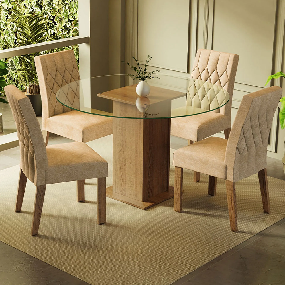 Juego de Comedor Madesa Iris Mesa Tapa de Vidrio Redondo con 4 Sillas Marrón/Imperial