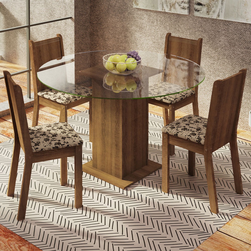 Juego de Comedor Madesa Paula Mesa Tapa de Vidrio Redondo 4 Sillas Marrón/Beige Marrón