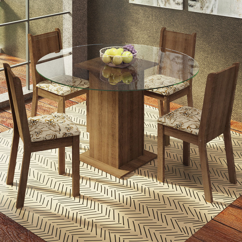 Juego de Comedor Madesa Paula Mesa Tapa de Vidrio Redondo 4 Sillas Marrón/Lírio Beige