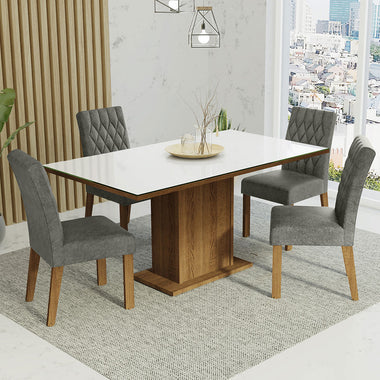 Juego de Comedor con Vidrio Sobrepuesto 4 Sillas Marrón/Blanco/Gamuza Silver Marilia Madesa