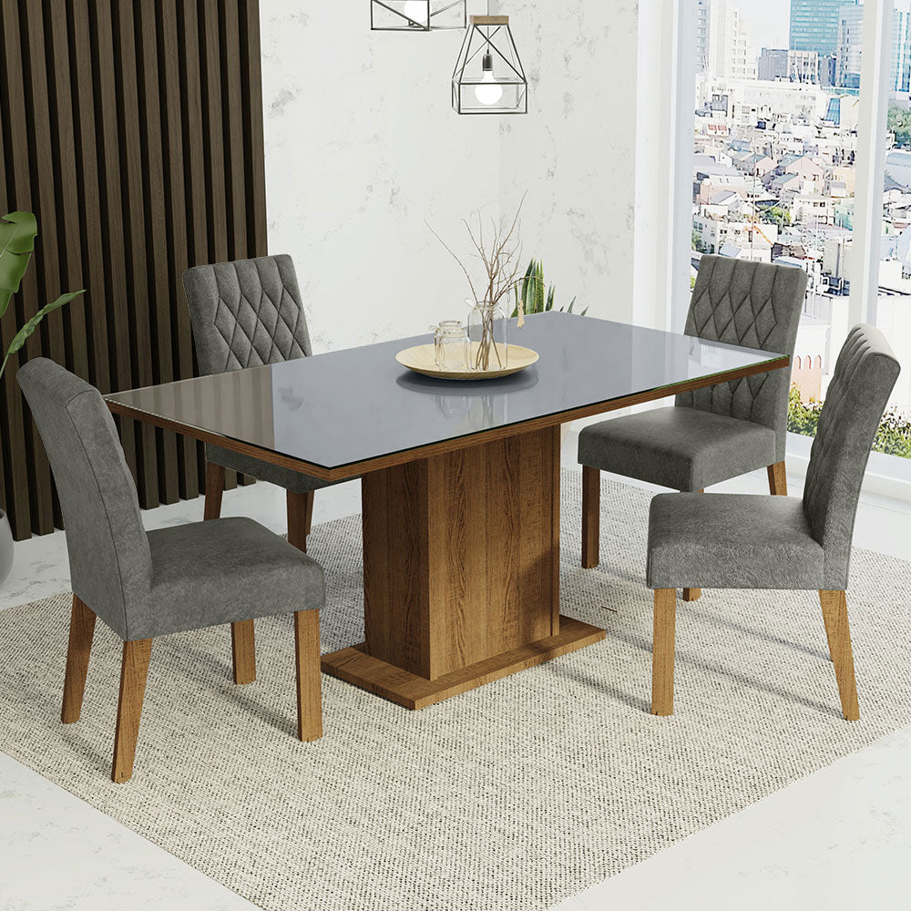 Juego de Comedor Mesa con Tapa de Vidrio 4 Sillas Marrón/Gris/Plata Marilia Madesa