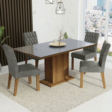 Juego de Comedor con Vidrio Sobrepuesto 4 Sillas Marrón/Gris/Silver Marilia Madesa