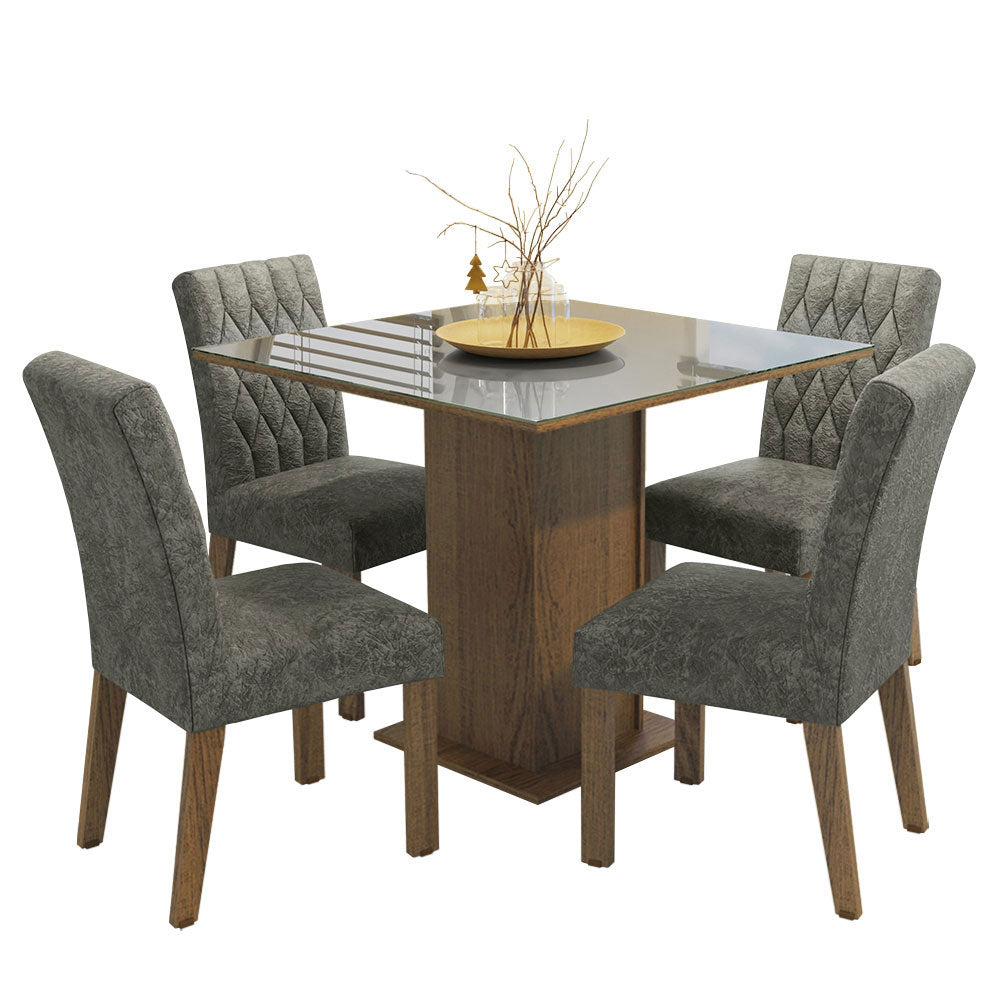 Juego de Comedor Mesa con Tapa de Vidrio 4 Sillas Marrón/Gris/Silver Anaju Madesa