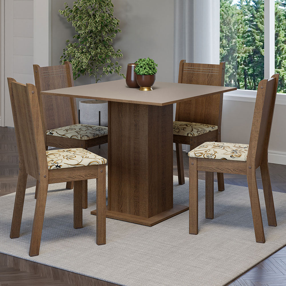 Juego de Comedor Mesa Tapa de Madera 4 Sillas Marrón/Crema/Lírio Beige Samara Madesa