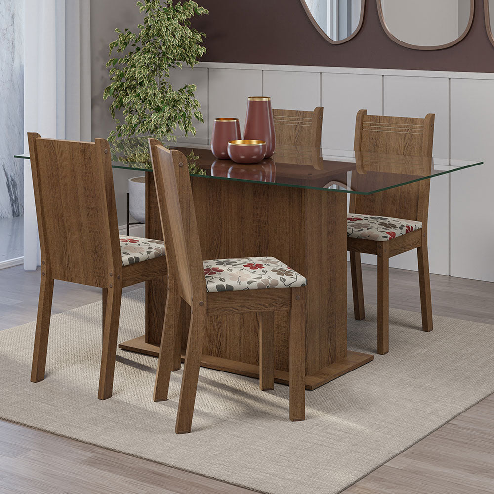 Juego de Comedor Mesa Tapa de Vidrio 4 Sillas Marrón/Floral Hibiscos España Madesa
