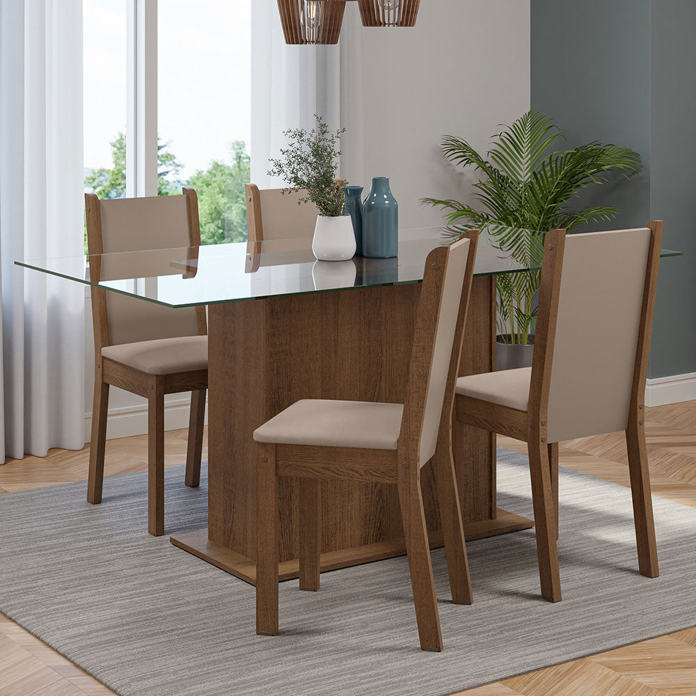 Juego de Comedor Mesa Tapa de Vidrio 4 Sillas Marrón/Crema/Sintético Beige Yara Madesa