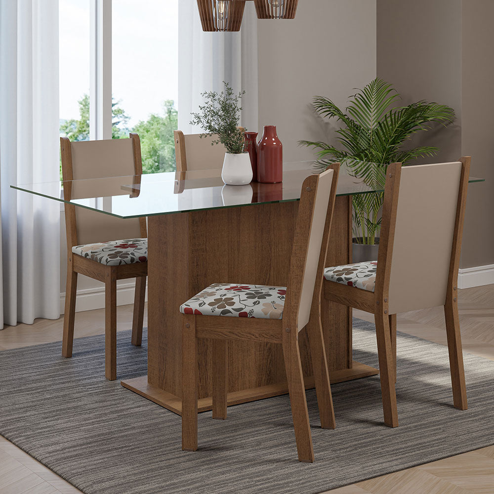 Juego de Comedor Mesa Tapa de Vidrio 4 Sillas Marrón/Crema/Floral Hibiscos Yara Madesa