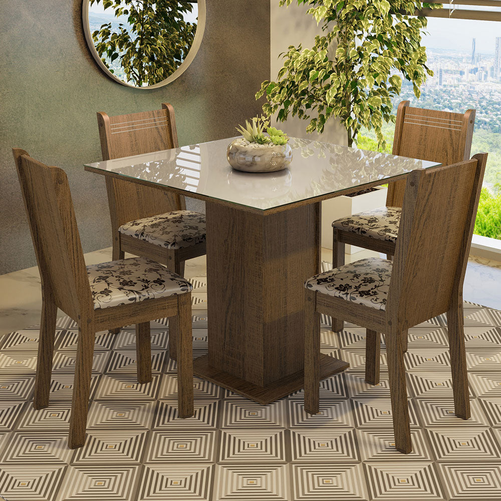 Juego de Comedor Mesa Tapa de Vidrio 4 Sillas Marrón/Crema/Beige Marrón Perla Madesa