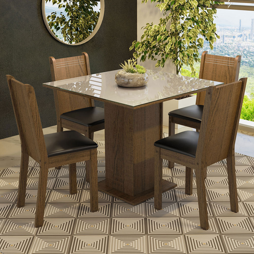 Juego de Comedor Mesa con Tapa de Vidrio 4 Sillas Marrón/Crema/Negro Perla Madesa