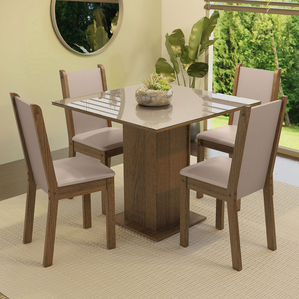 Juego de Comedor Mesa con Tapa de Vidrio 4 Sillas Marrón/Crema/Beige Tifani Madesa