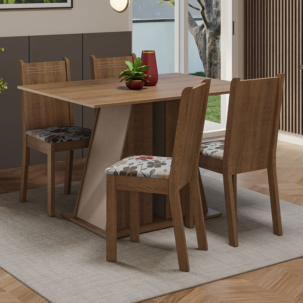 Juego de Comedor Mesa Tapa de Madera 4 Sillas Marrón/Crema/Hibiscos Marilyn Madesa