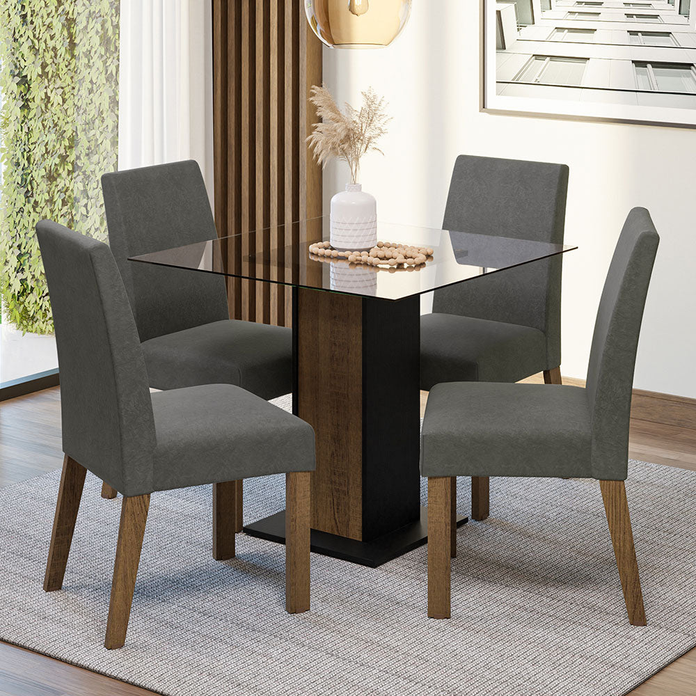 Juego de Comedor Mesa Tapa de Vidrio 4 Sillas Marrón/Negro/Silver Ivy Madesa