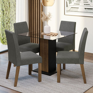 Juego de Comedor Mesa Cuadrada y Tapa de Vidrio 4 Sillas Marrón/Negro/Silver Ivy Madesa