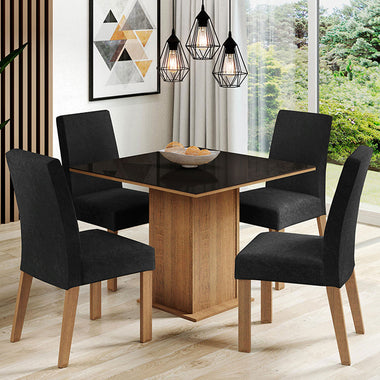 Juego de Comedor con Vidrio Sobrepuesto 4 Sillas Marrón/Negro/Oxford Evelin Madesa