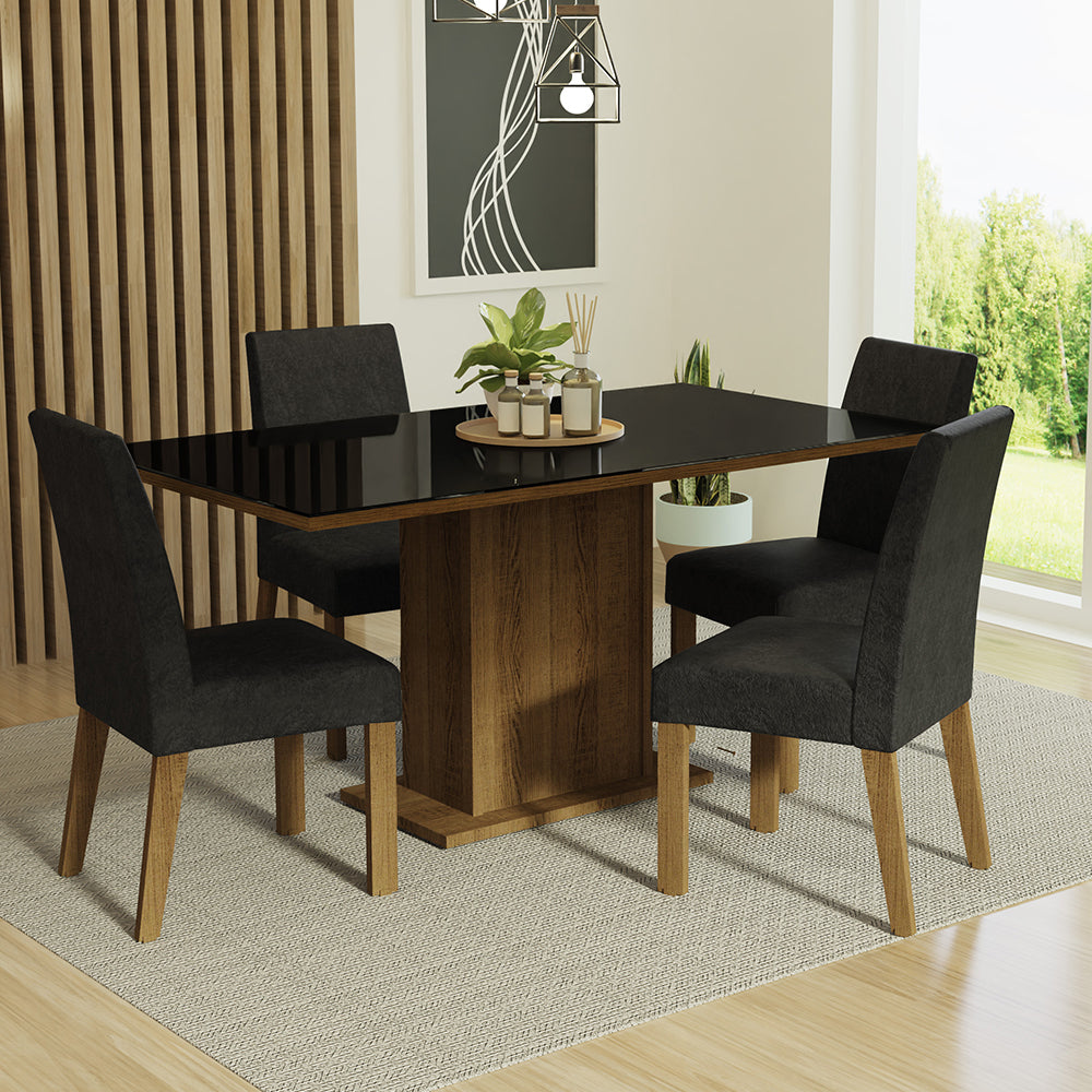 Juego de Comedor Avril Mesa Rectangular Tapa de Vidrio con 4 Sillas Oxford 03 Marrón/Negro Madesa
