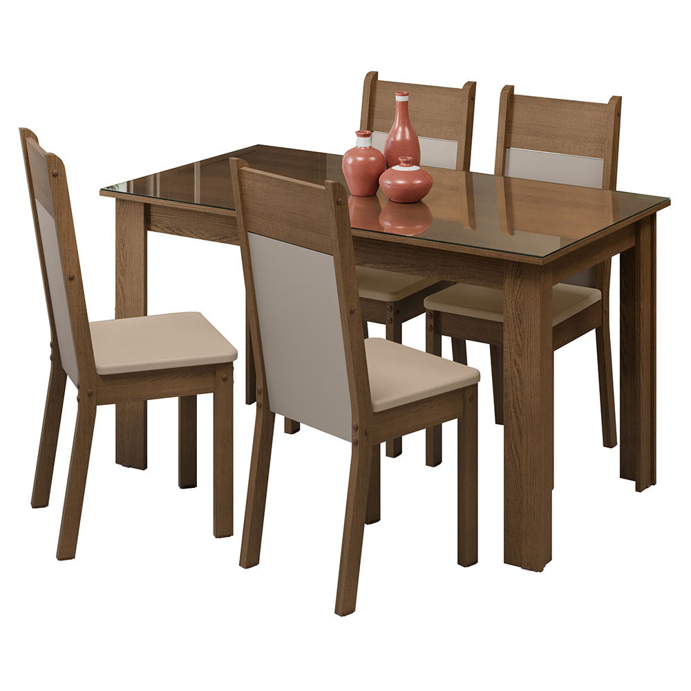 Juego de Comedor Eloá Mesa Rectangular Tapa de Vidrio con 4 Sillas Marrón/Crema/Beige Madesa