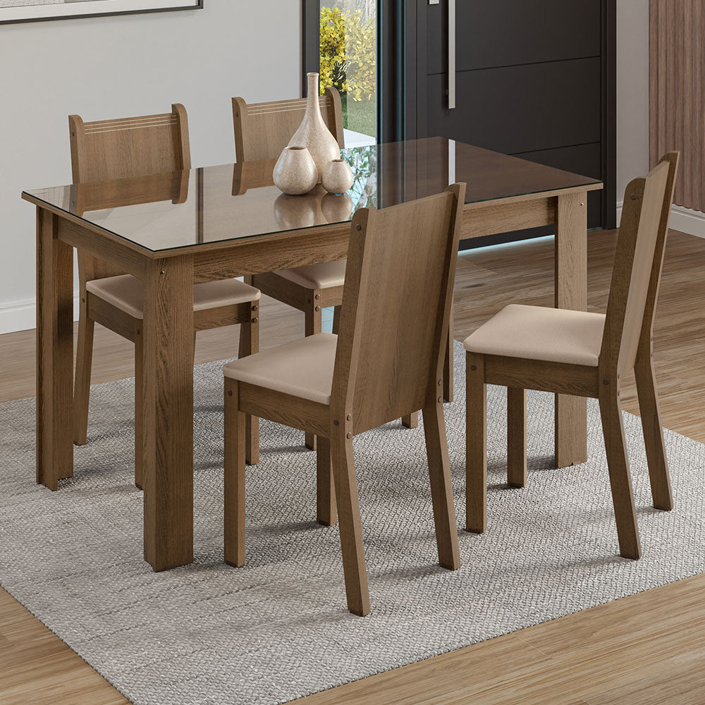 Juego de Comedor Mesa Tapa de Vidrio 4 Sillas Marrón/Sintético Beige Kiara Madesa