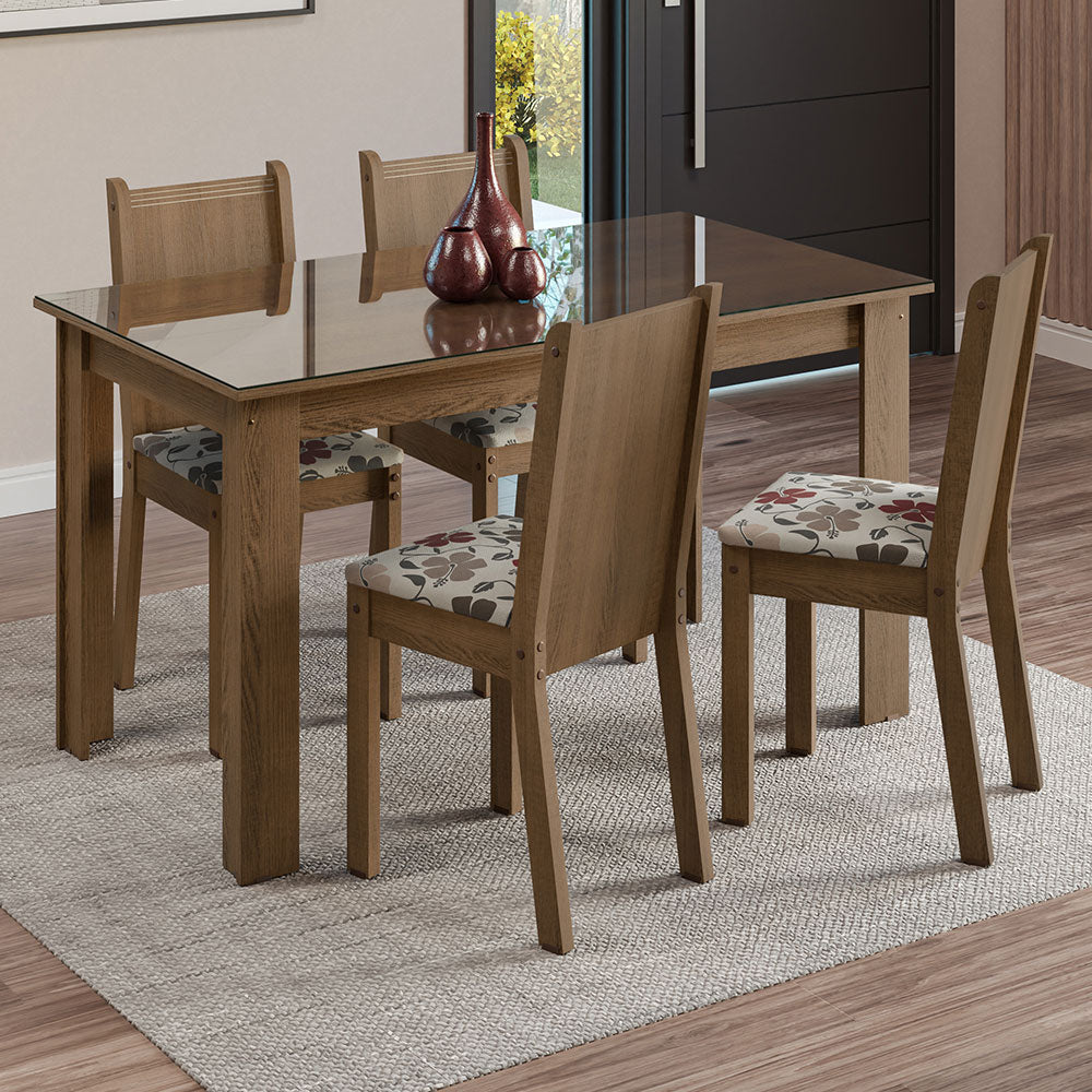 Juego de Comedor Mesa Tapa de Vidrio 4 Sillas Marrón/Hibiscos Kiara Madesa