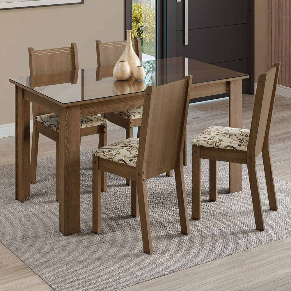 Juego de Comedor Mesa Tapa de Vidrio 4 Sillas Marrón/Lírio Beige Kiara Madesa