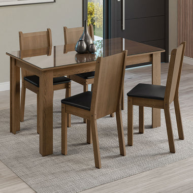Juego de Comedor con Vidrio Sobrepuesto 4 Sillas Marrón/Sintético Negro Kiara Madesa