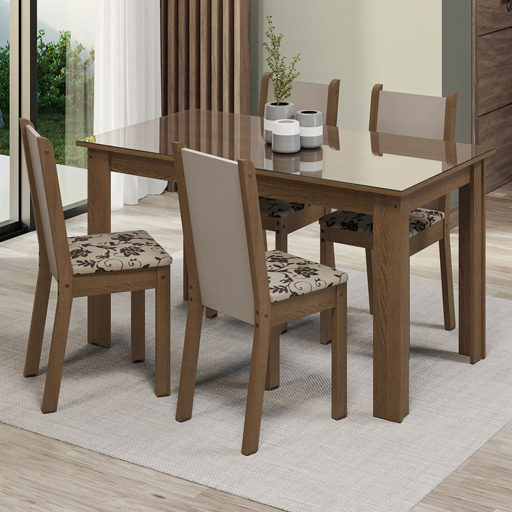Conjunto Comedor Mesa Mesada de Vidro 4 Sillas Marrón/Crema/Bege Marrom Suzy Madesa