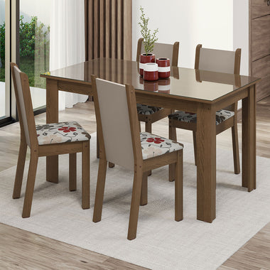 Juego de Comedor con Vidrio Sobrepuesto 4 Sillas Marrón/Crema/Hibiscos Suzy Madesa