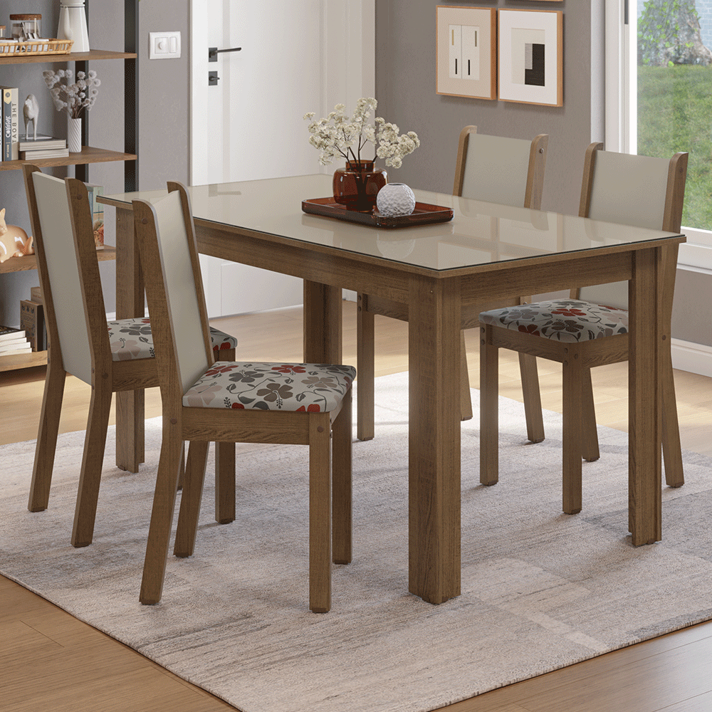 Juego Comedor Magnólia Mesa Tapa de Vidrio 4 Sillas Marrón/Crema/Floral Hibiscos Madesa