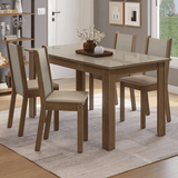 Juego Comedor Magnólia Mesa Tapa de Vidrio 4 Sillas Marrón/Crema/Sintético Beige Madesa