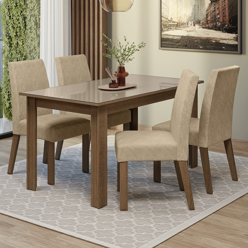 Juego de Comedor Ravena Mesa Tapa de Vidrio 4 Sillas Marrón/Crema/Suede Imperial Madesa