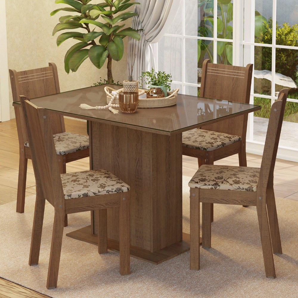 Conjunto Comedor Mesa Mesada de Vidro 4 Sillas Marrón/Bege Marrom Camélia Madesa