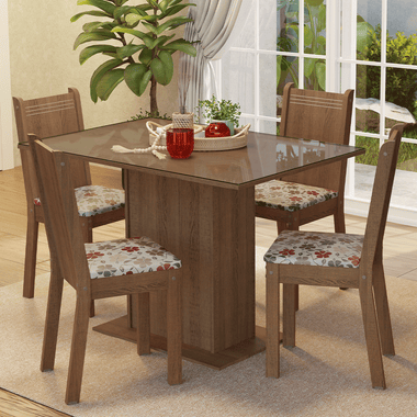Juego de Comedor con Vidrio Sobrepuesto 4 Sillas Marrón/Hibiscos Camélia Madesa