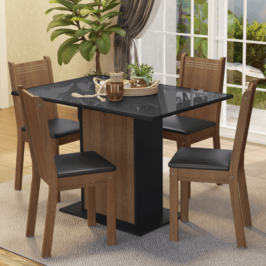 Juego de Comedor con Vidrio Sobrepuesto 4 Sillas Marrón/Negro Camélia Madesa