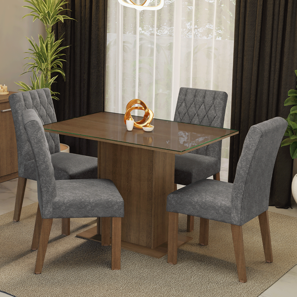 Juego de Comedor con Vidrio Sobrepuesto 4 Sillas Marrón/Silver Reale Madesa