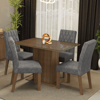 Juego de Comedor con Vidrio Sobrepuesto 4 Sillas Marrón/Silver Reale Madesa