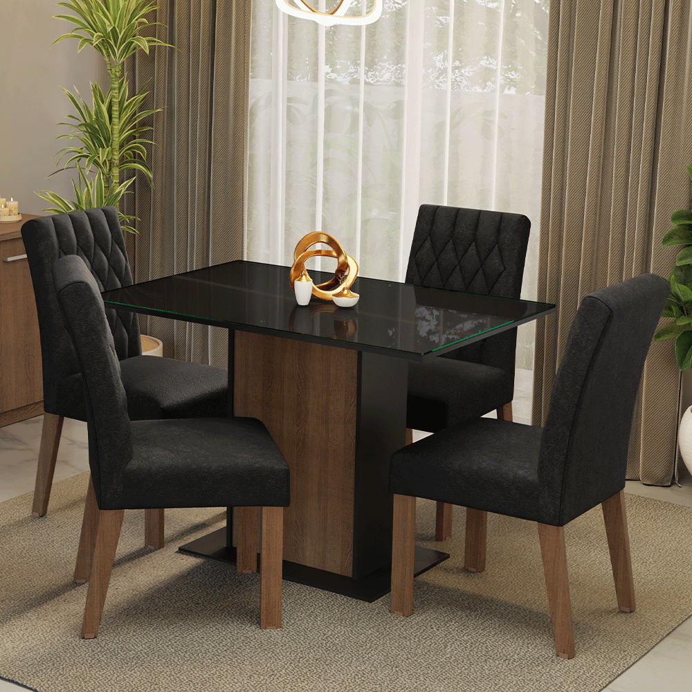 Juego de Comedor con Vidrio Sobrepuesto 4 Sillas Marrón/Negro/Oxford Reale Madesa