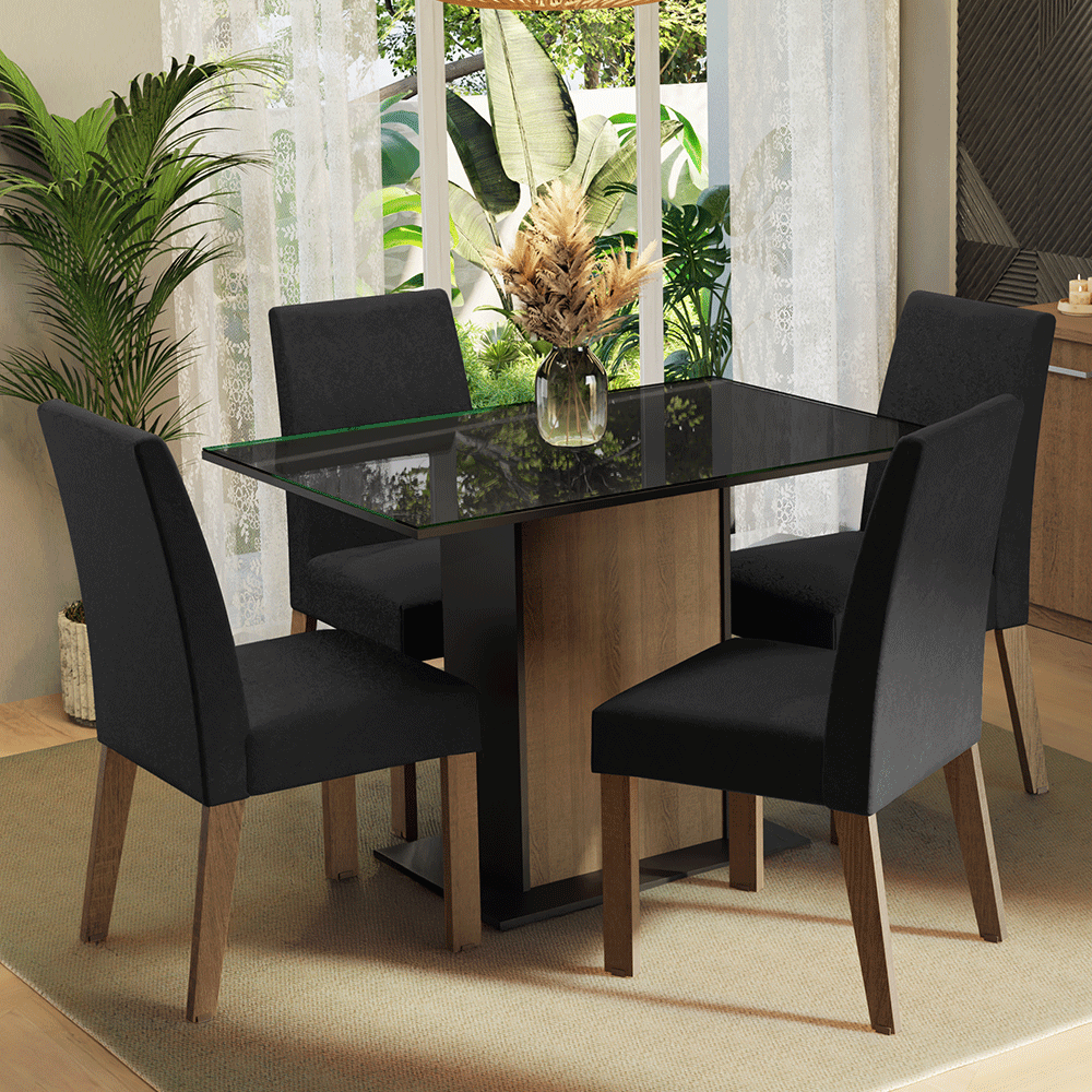 Juego de Comedor con Vidrio Sobrepuesto 4 Sillas Marrón/Negro/Oxford Zion Madesa